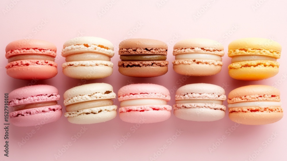 Poster A set of macarons in pastel shades placed in a grid pattern on a light pink background, creating a pleasing visual contrast of colors and textures.