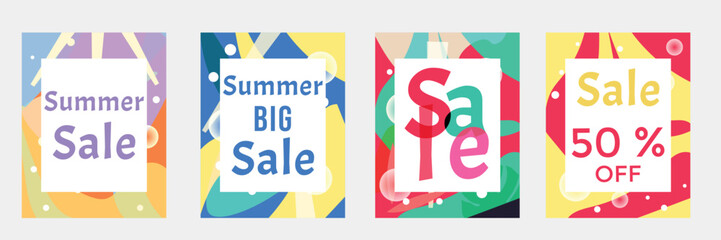 Summer sale banner set. Card abstract color background with text Sale, Summer Sale, Summer Big Sale, 50% off collection. Poster for sale, promo in online shopping, business. Vector illustration
