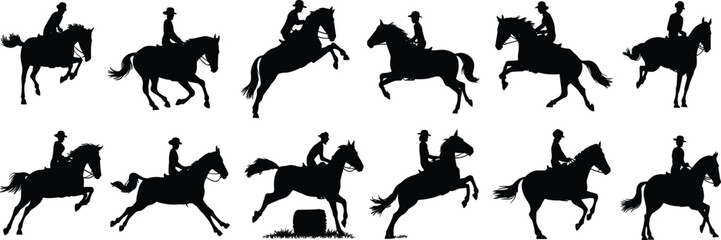 Silhouette collection of horse riding, equestrian sport jump poses, horseback rider clipart, western cowboy girl illustrations
