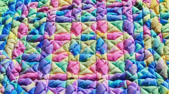 Colorful patchwork quilt pattern in triangle shapes with vibrant textures and stitches, hand-sewn textile art celebrating creativity, warmth, and traditional craftsmanship