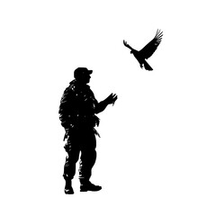 a black silhouette of a man in uniform with a bird flying behind him bird, black, fly, man, person, silhouette, soldier, stand, uniform 