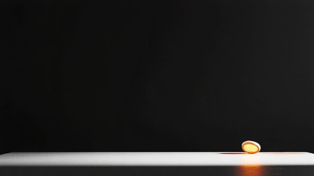 A glowing orange object placed on a minimalist white surface against a dark background