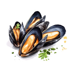 Mussels In White Wine, watercolor clipart vector, high quality, isolated on a white background.
