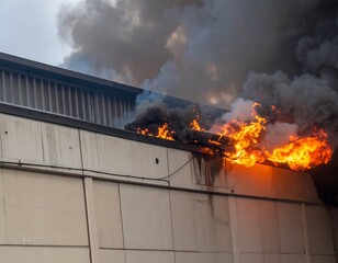 Building ablaze with intense flames and smoke