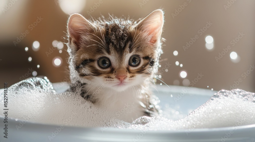 Poster a small kitten being bathed in a plastic basin, with soft bubbles surrounding it