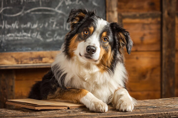 A tri colored australian shepherd dog sitting at a wooden desk with a book and chalkboard behind it