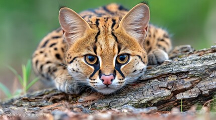 Obraz premium Close-up of a wildcat lying on a tree branch with intense gaze and detailed fur