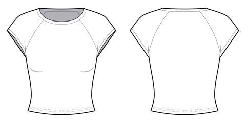 Slim Fit Short Sleeve Raglan T- shirt- Front and Back View-Technical Illustration- CAD Vector illustration 