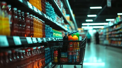 Bright supermarket with happy shopper moving through beverage aisle, cart brimming with juices, soda, and snacks