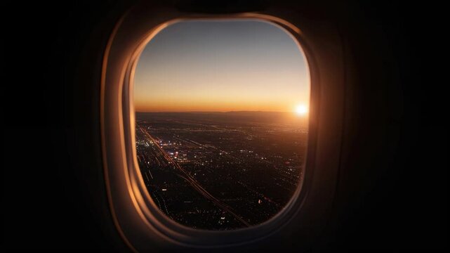 Golden sunrise illuminates clouds viewed through airplane window, evoking tranquility