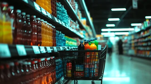 Bright supermarket with happy shopper moving through beverage aisle, cart brimming with juices, soda, and snacks