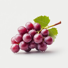 Fresh bunch of red grapes with green leaf on white background, showcasing natural freshness and vibrant colors.