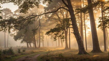 Fototapeta premium Golden Light Through a Misty Forest