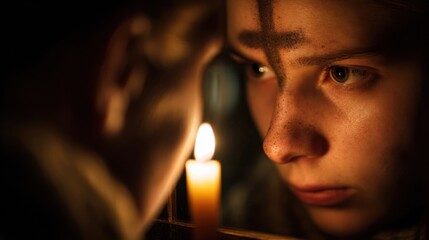 A person stands in front of a mirror, their reflection showing the crossshaped ashes on their forehead and the flickering candle in their hand. The dual image conveys the idea of looking