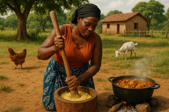 Angolan Woman Preparing Funge with Muamba de Galinha in Traditional Attire, Highlighting Rich African Flavors Against Angola&acute;s Vibrant Backdrop.

