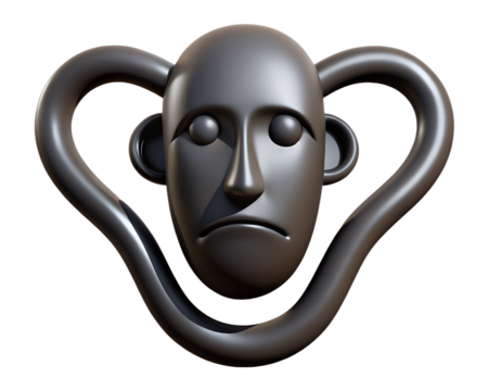 A somber, metallic face, isolated on transparent background, is framed by a sinuous, dark gray loop