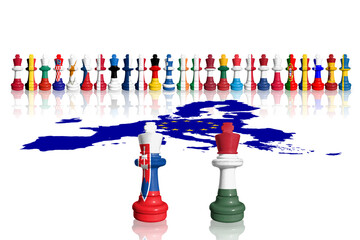 Chess made from EU members flags. Slovakia and Hungary protest