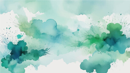 blue green and white watercolor background with abstract cloudy sky concept with color splash design and fringe bleed stains and blobs.