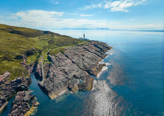 aerial view of Rua Reidh Iighthouse at the rocky west coast of Scotland near Gairloch