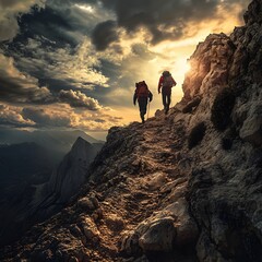 Fototapeta premium Determined pair walking up a steep mountain trail together while enjoying the beautiful surroundings