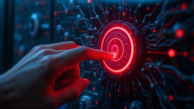 Human hand pressing a glowing red button on a digital circuit board - Powered by Adobe
