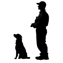 a black and white silhouette of a man with a dog black, dog, man, silhouette, sit, stand