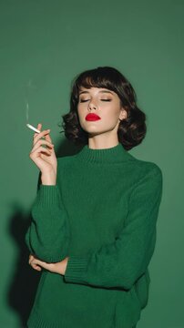 Elegant woman with red lips and vintage hairstyle smoking cigarette in green outfit against green wall