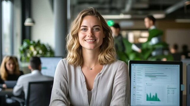 Casual meeting in creative workspace, confident woman in soft-toned blouse presents strategy with charts on screen while team listens