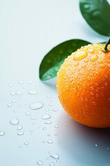 Fresh juicy orange with dewdrops on a smooth surface, showcasing vibrant colors and natural freshness.