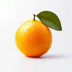 Fresh orange with a green leaf and water droplets on a white background.