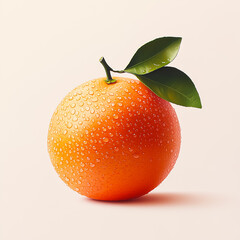 Fresh orange with dewdrops and green leaves isolated on a soft pink background.