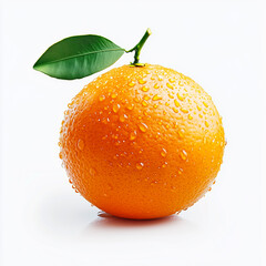 Fresh orange with dewdrops and green leaf on white background, highlighting its vibrant color and juicy texture.