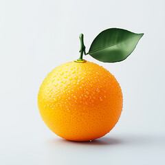 Fresh orange with water droplets and a green leaf on a light background.