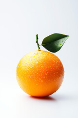 Fresh orange with green leaf on white background, covered in water droplets for a refreshing look.