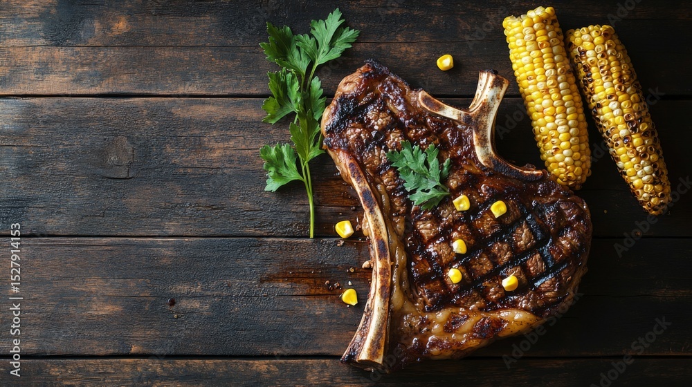 Poster a succulent t-bone steak fresh off the grill, served with a side of charred corn and a sprig of pars
