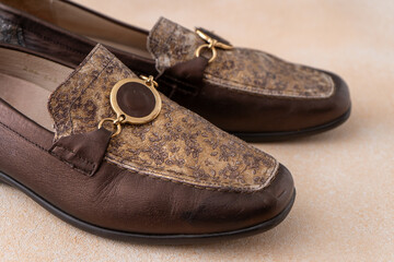 Pair of leather shoes. Brown classic moccasins. Loafers footwear.