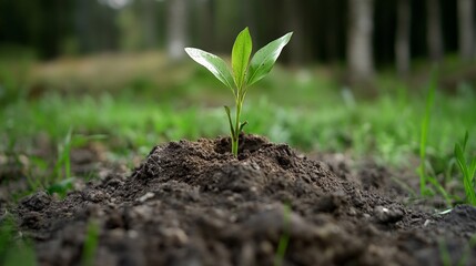 Fototapeta premium Young green plant sprouting from soil in a natural outdoor setting