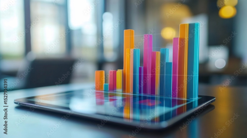 Poster A tablet displaying an interactive D bar chart with a blurred office environment in the background