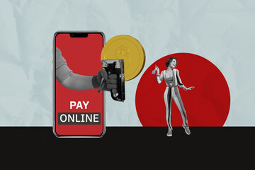Art pop collage of person stand near screen phone with coin online payment on grey background