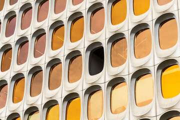 Facade of prefabricated modular concrete on the functionalist office CBR Building, Watermael-Boitsfort, Bussels, Belgium