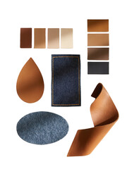 A collection of earthy leather swatches and denim, isolated on transparent background