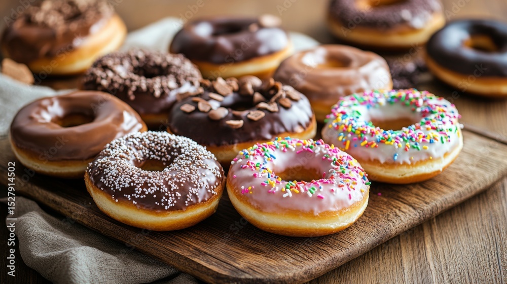 Aufkleber a tempting assortment of freshly glazed donuts displayed on a rustic wooden platter, with various to