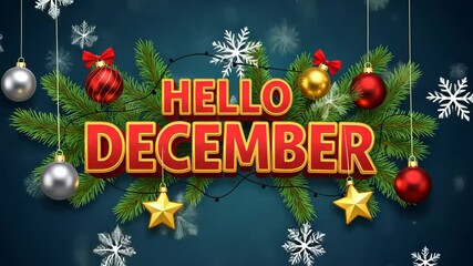 Festive animation: hello december with christmas ornaments and falling snowflakes