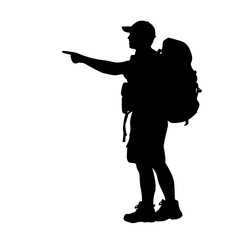 a black and white silhouette of a man with a backpack pointing a finger at a woman backpack, black, finger, hiker, man, people, point, silhouette, stand, tourist, traveler, woman