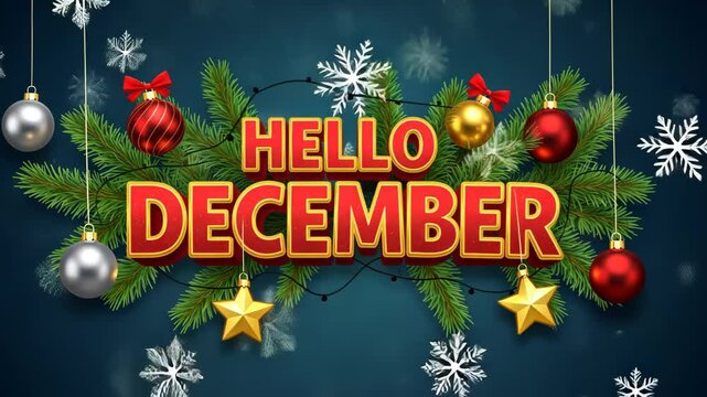 Festive animation: hello december with christmas ornaments and falling snowflakes