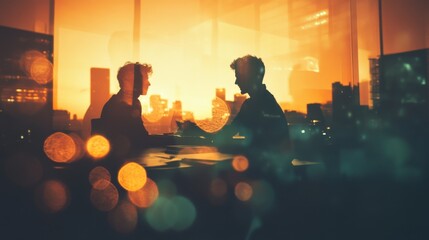 Silhouetted figures in vibrant city interaction during golden hour setting