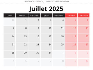 French calendar for july 2025. France - juillet calendrier