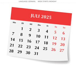 German calendar for july 2025. Page for Germany - Kalender juli