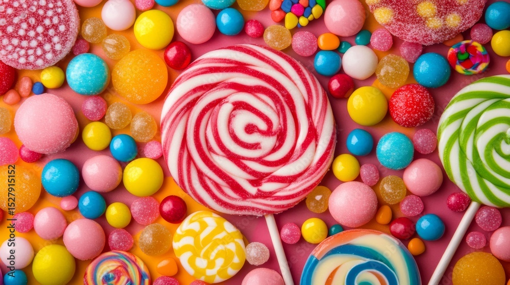 Poster A top-down view of assorted candy drops and lollipops arranged in a circular pattern