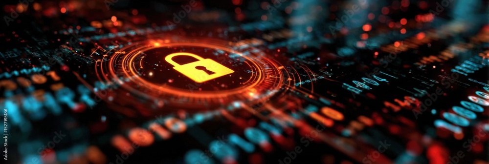 Poster a digital padlock icon signifies cybersecurity and data protection amidst a high-tech, futuristic in